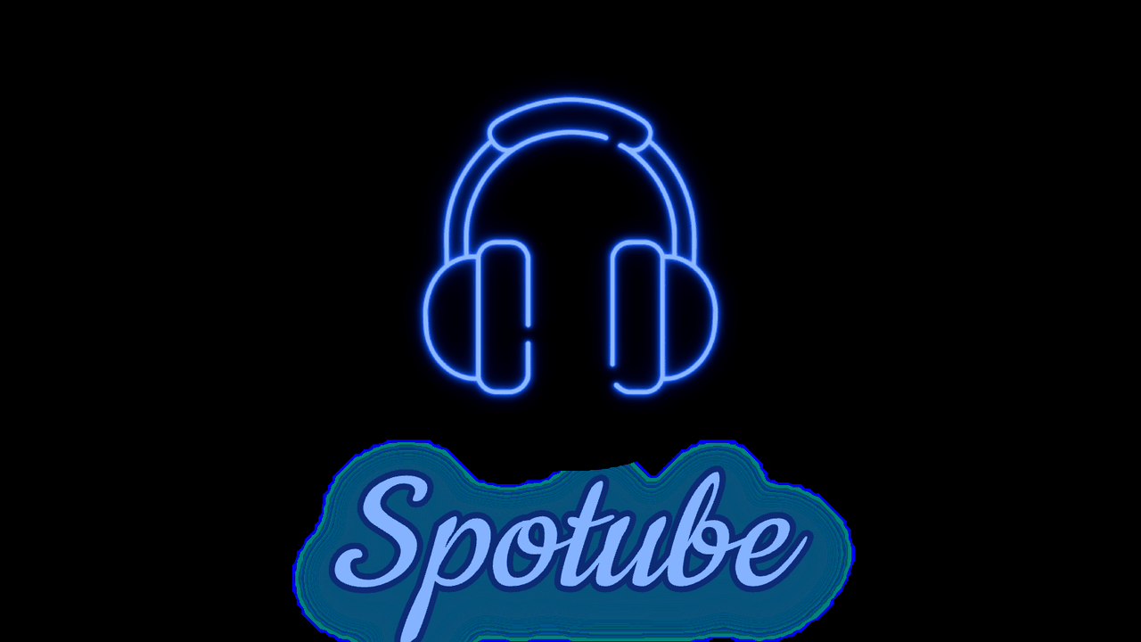 Spotube 品牌视觉：深黑背景上环绕电光蓝光晕的耳机圆形标志